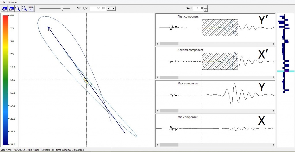 Illustration du processus d'orientation de l'enregistrement sismique dans le plan XY dans le programme RadExPro Plus
